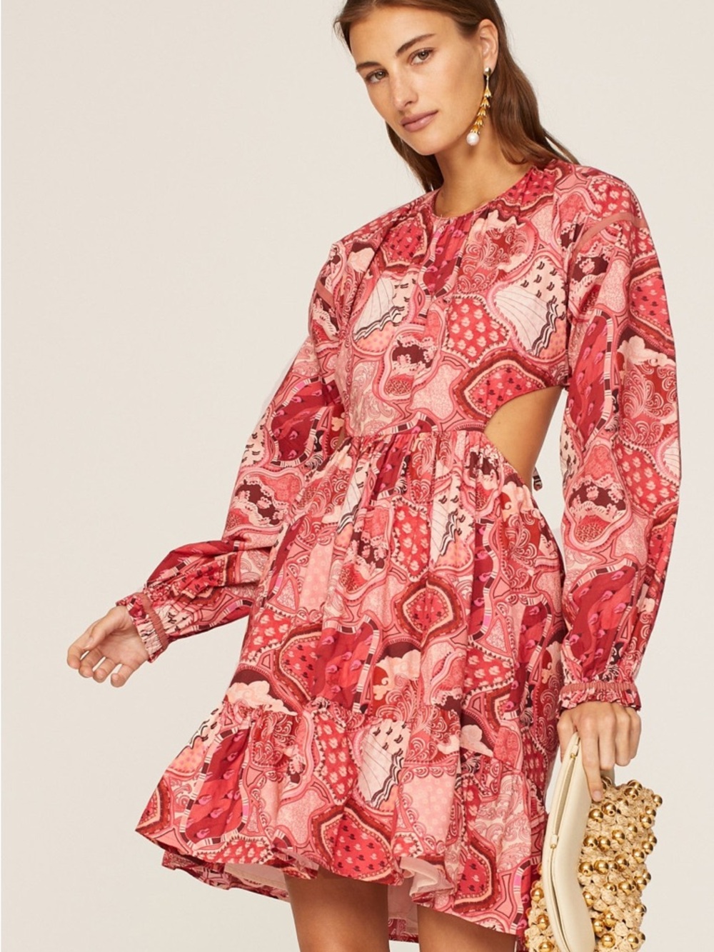 Chufy 100% Cotton Pink Paisley Cutout Long-Sleeve Hari Mini Dress